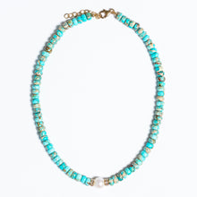 Load image into Gallery viewer, Turquoise Beaded Necklace With Baroque Pearl, 14Kt Gold + Diamond Baguette Rondel
