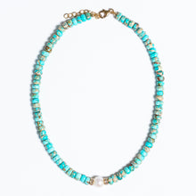Load image into Gallery viewer, Turquoise Beaded Necklace With Baroque Pearl, 14Kt Gold + Diamond Baguette Rondel