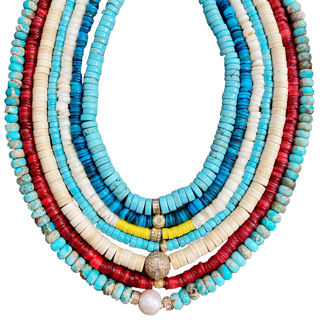 Turquoise Beaded Necklace With 14Kt Gold + Diamond Baguette Rondel