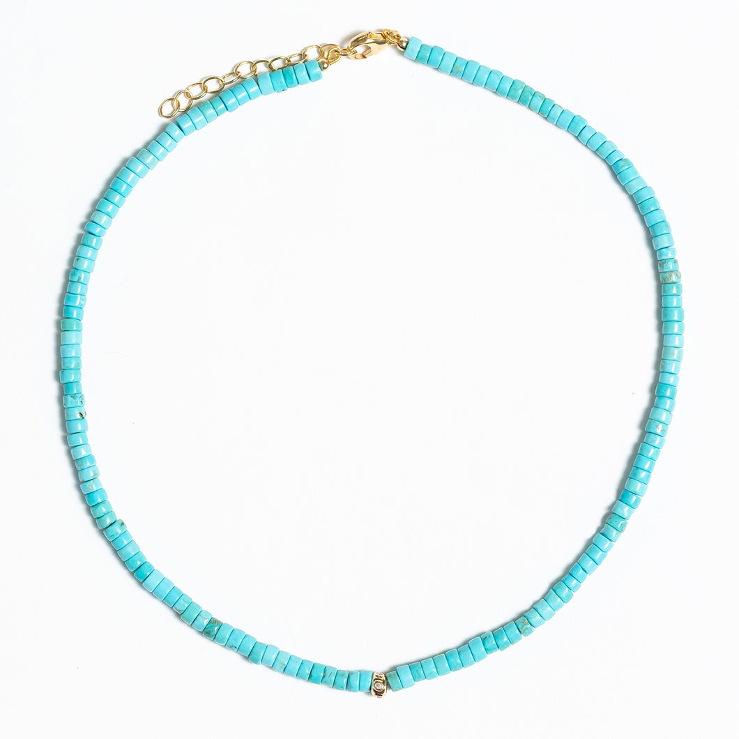 Turquoise Beaded Necklace With 14Kt Gold + Diamond Rondel