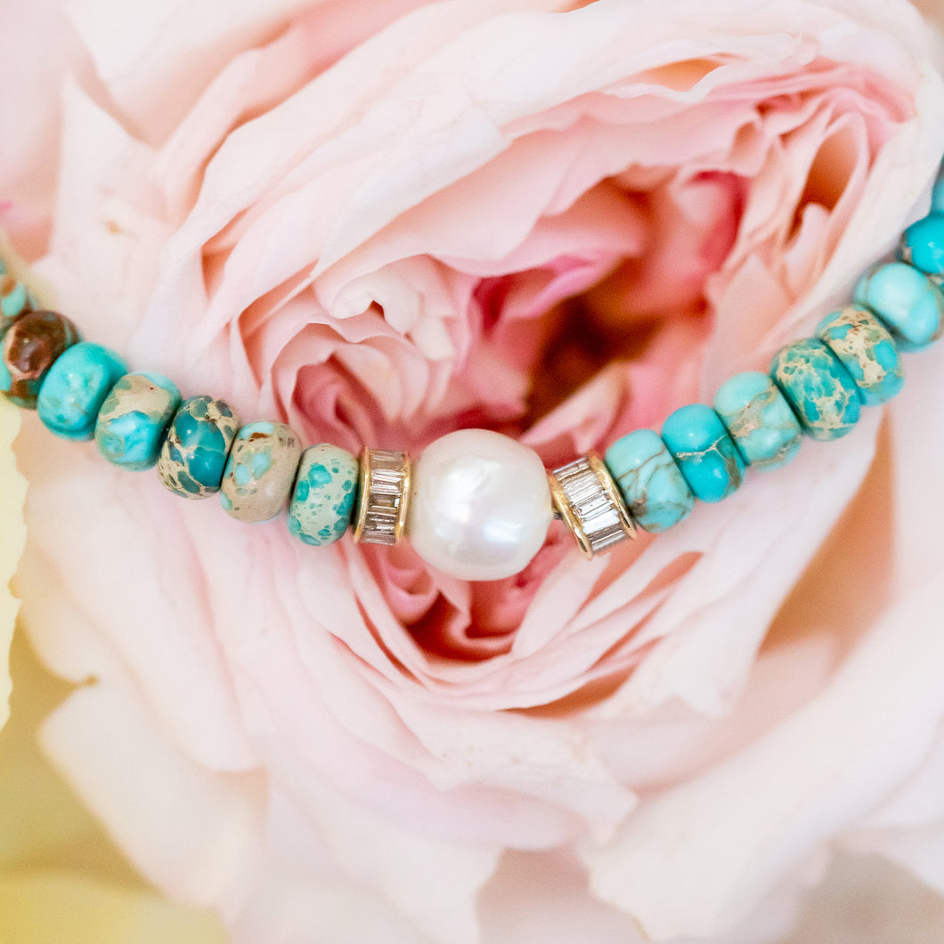 Turquoise Beaded Necklace With Baroque Pearl, 14Kt Gold + Diamond Baguette Rondel