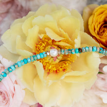 Load image into Gallery viewer, Turquoise Beaded Necklace With Baroque Pearl, 14Kt Gold + Diamond Baguette Rondel
