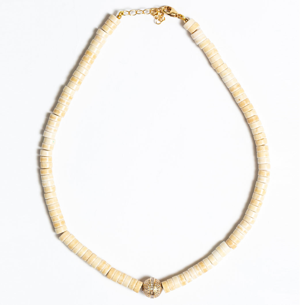 White Turquoise Beaded Necklace With 14Kt Gold + Diamond Rondel
