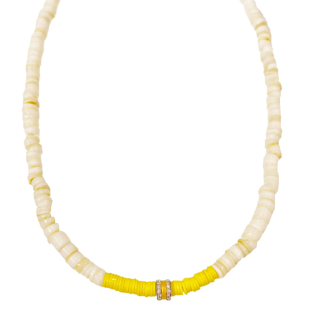 Yellow Heishi Beaded Necklace + Two Tone Diamond Rondel